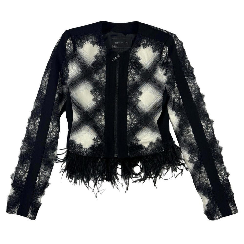 Bcbgmaxazria Ostritch Feather Trim Cropped Jacket Black Size Xxs
